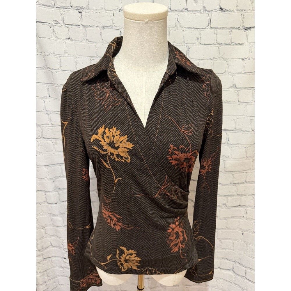 BCBGMAXAZRIA brown herringbone floral wrap V Neck Long Sleeve top Medium